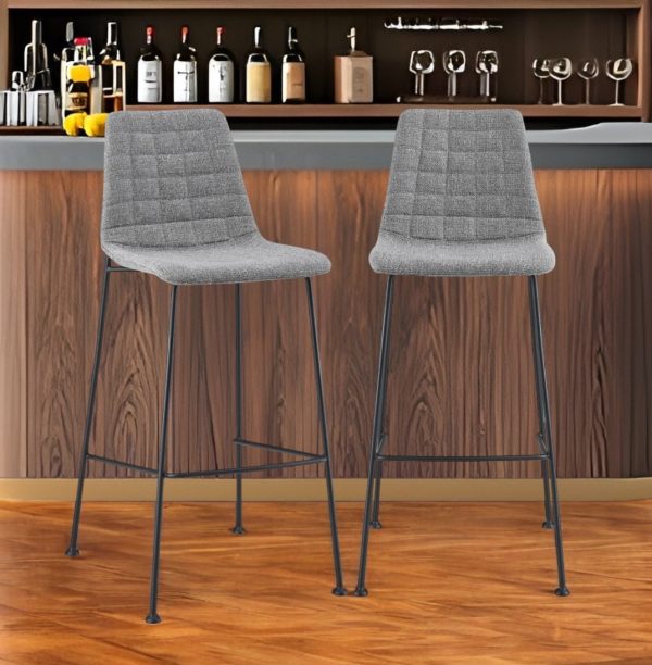 Set of Two 30" Light Gray and Black Fabric and Steel Low Back Bar Height Bar Chairs
