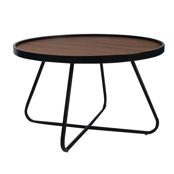 28" Brown and Black Wood and Metal Round Cross Legs Coffee Table - Image 3