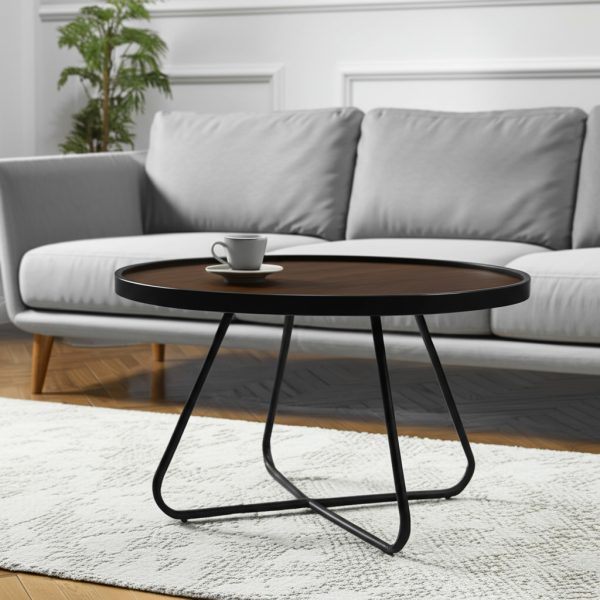 28" Brown and Black Wood and Metal Round Cross Legs Coffee Table - Image 2