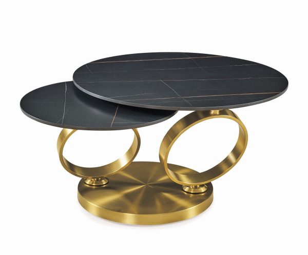 32" Black And Gold Ceramic Tile And Metal Round Distressed Abstract Coffee Table - Image 3