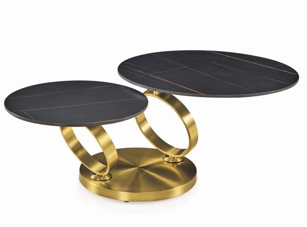 32" Black And Gold Ceramic Tile And Metal Round Distressed Abstract Coffee Table - Image 2