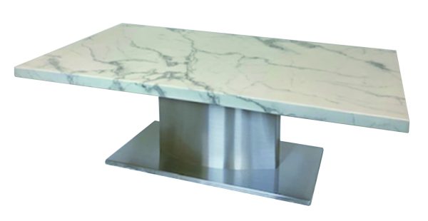 51" White And Silver Genuine Marble And Stainless Steel Pedestal Coffee Table - Image 2