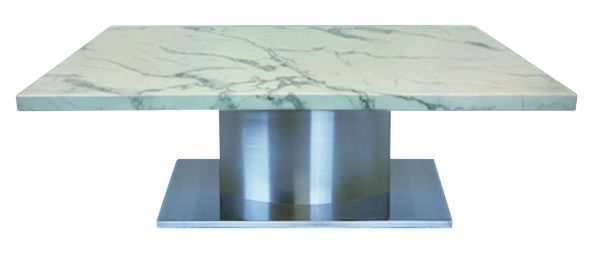 51" White And Silver Genuine Marble And Stainless Steel Pedestal Coffee Table - Image 3