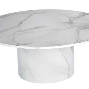 35" White Genuine Marble And Wood Round Pedestal Coffee Table