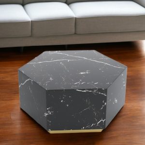 35" Black And Gold Faux Marble Hexagon Drum Coffee Table