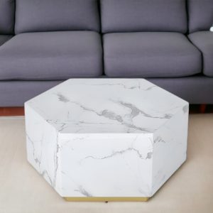 35" White And Gold Faux Marble Hexagon Drum Coffee Table