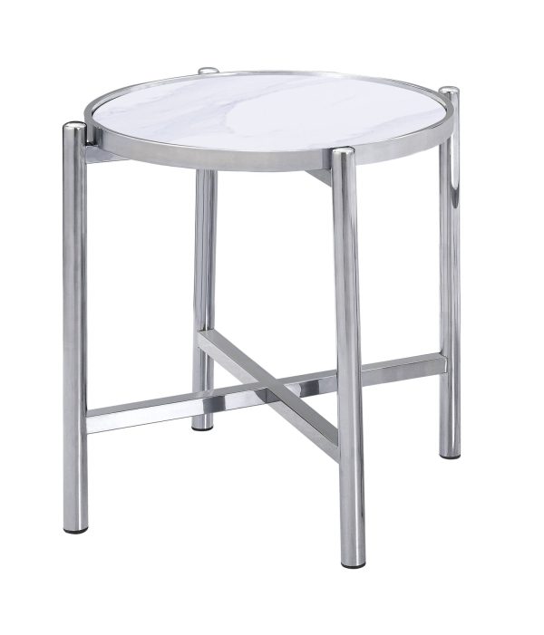 22" Silver And White Faux Marble Ceramic and Metal Cross Legs Round End Table - Image 2