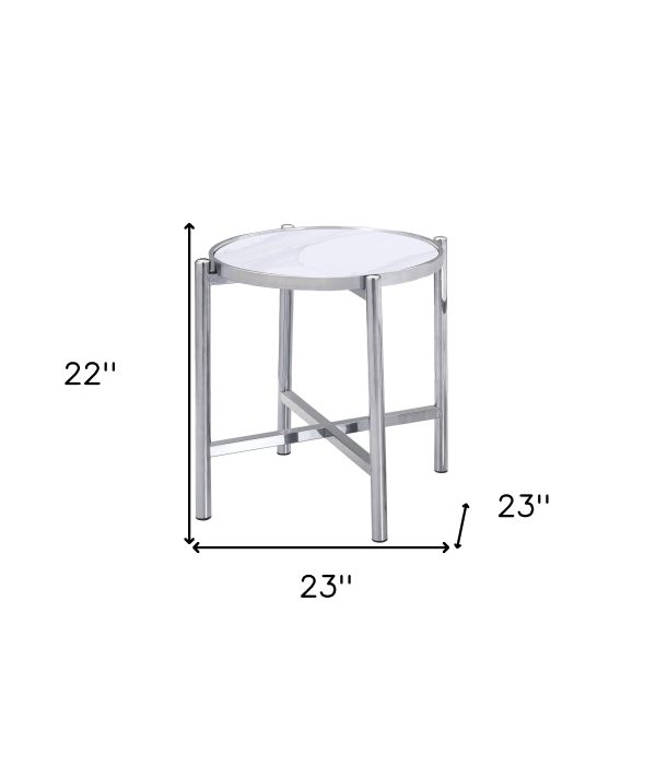 22" Silver And White Faux Marble Ceramic and Metal Cross Legs Round End Table - Image 3