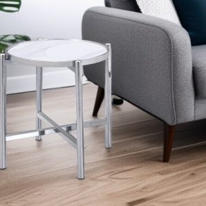 22" Silver And White Faux Marble Ceramic and Metal Cross Legs Round End Table
