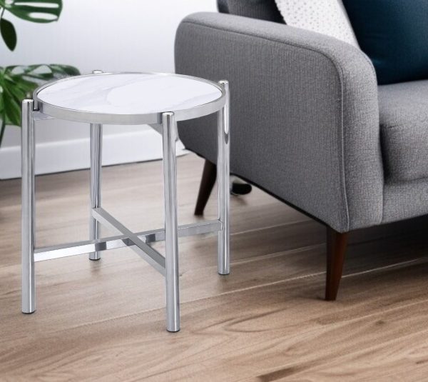 22" Silver And White Faux Marble Ceramic and Metal Cross Legs Round End Table