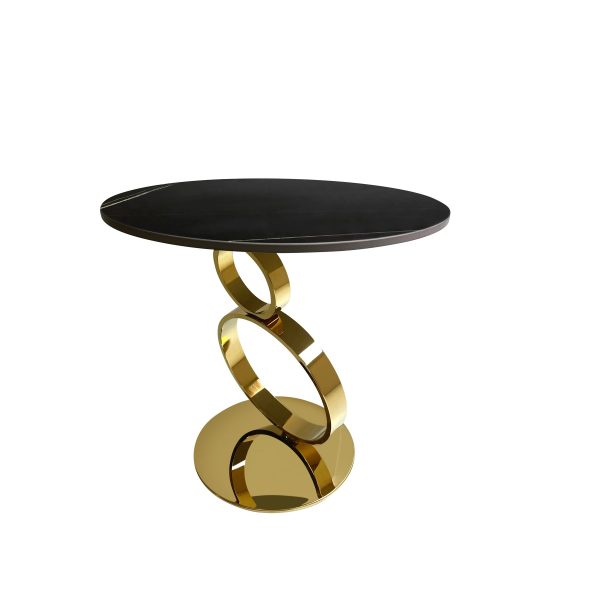 21" Black And Gold Stone And Stainless Steel Round Pedestal End Table - Image 2