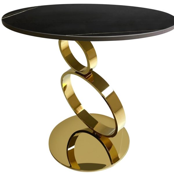 21" Black And Gold Stone And Stainless Steel Round Pedestal End Table - Image 3