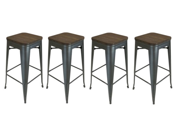 Set of Four 26" Brown and Gunmetal Solid Wood and Metal Backless Counter Height Bar Chairs - Image 2
