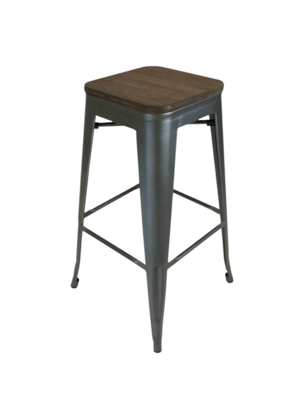 Set of Four 26" Brown and Gunmetal Solid Wood and Metal Backless Counter Height Bar Chairs - Image 3