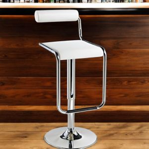 White and Silver Faux Leather and Metal Low Back Adjustable Height Bar Chair