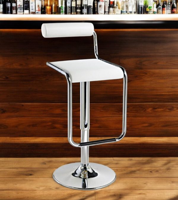 White and Silver Faux Leather and Metal Low Back Adjustable Height Bar Chair