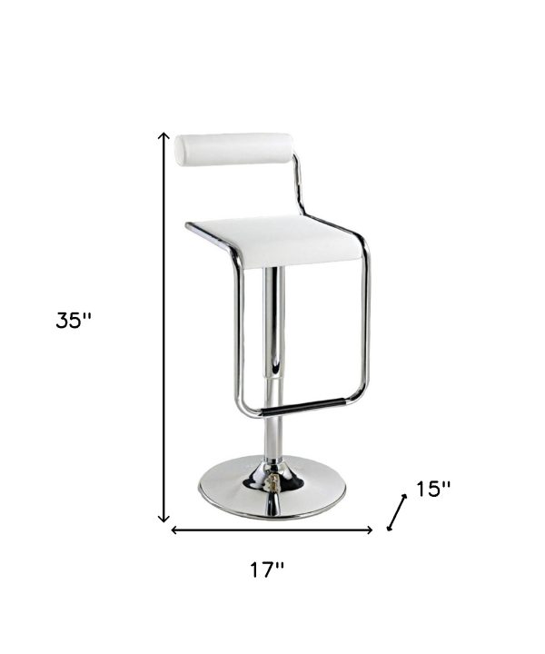 White and Silver Faux Leather and Metal Low Back Adjustable Height Bar Chair - Image 3