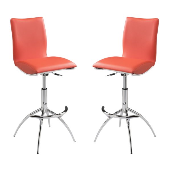 Set of Two Orange and Silver Faux Leather and Metal Low Back Adjustable Height Bar Chairs - Image 2