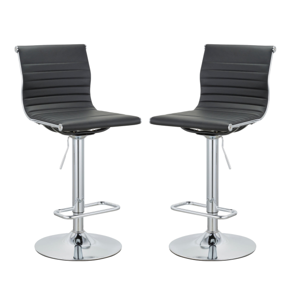 Set of Two Black and Silver Faux Leather and Metal Low Back Adjustable Height Bar Chairs - Image 2