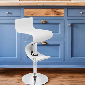 White and Silver Faux Leather and Metal Low Back Adjustable Height Bar Chair