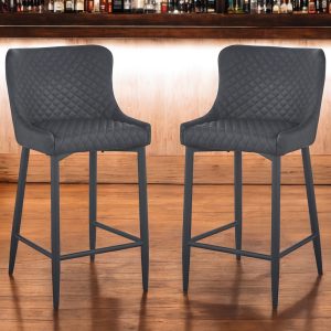 Set of Two 26" Dark Gray and Black Faux Leather and Metal Low Back Counter Height Bar Chairs