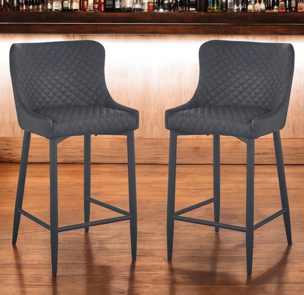 Set of Two 26" Dark Gray and Black Faux Leather and Metal Low Back Counter Height Bar Chairs