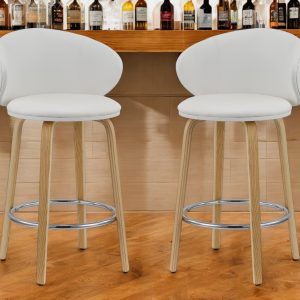 Set of Two 26" White and Brown Faux Leather and Solid Wood Low Back Counter Height Bar Chairs