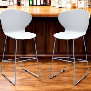 Set of Two 26" White and Silver Heavy Duty Plastic and Metal Low Back Counter Height Bar Chairs