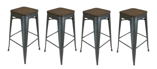 Set of Four 30" Brown and Gunmetal Solid Wood and Metal Backless Bar Height Bar Chairs - Image 2