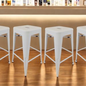 Set of Four 30" White Steel and Metal Backless Bar Height Bar Chairs