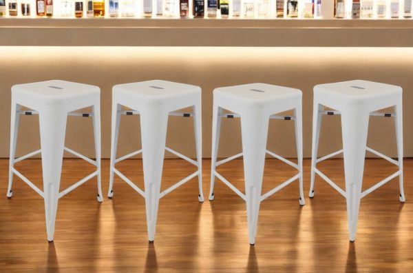 Set of Four 30" White Steel and Metal Backless Bar Height Bar Chairs