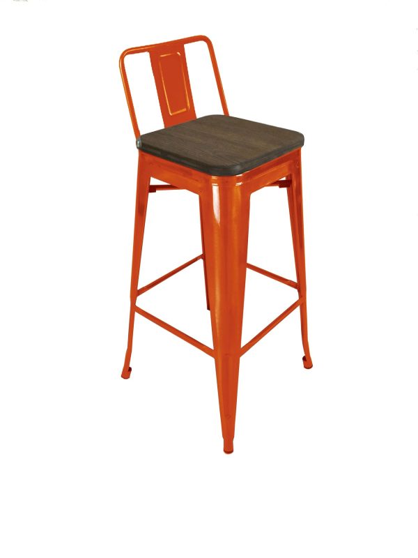 Set of Four 30" Brown and Orange Solid Wood and Steel Low Back Bar Height Bar Chairs - Image 3