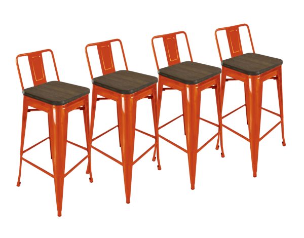 Set of Four 30" Brown and Orange Solid Wood and Steel Low Back Bar Height Bar Chairs - Image 2