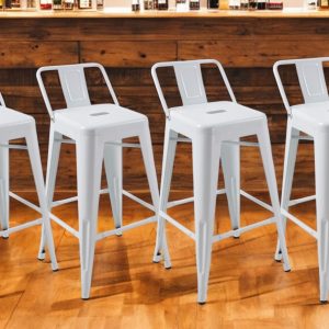 Set of Four 26" White Steel and Metal Low Back Counter Height Bar Chairs