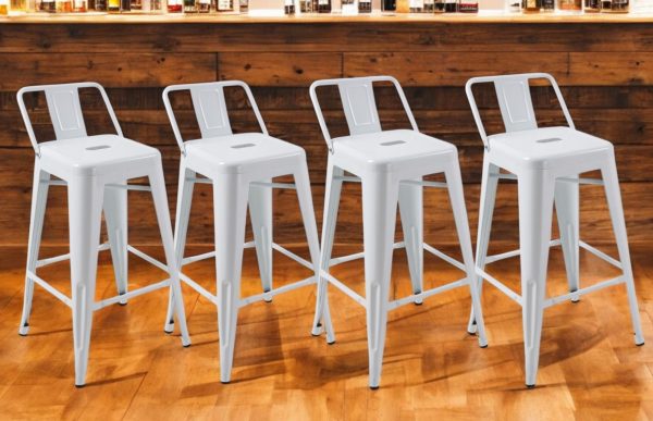 Set of Four 26" White Steel and Metal Low Back Counter Height Bar Chairs