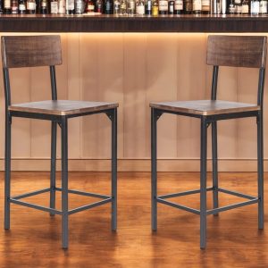 Set of Two 25" Brown and Black Solid Wood and Metal Counter Height Bar Chairs