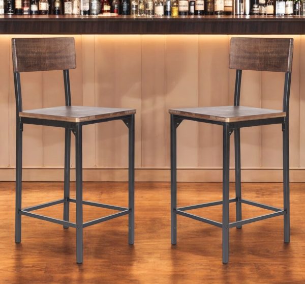 Set of Two 25" Brown and Black Solid Wood and Metal Counter Height Bar Chairs