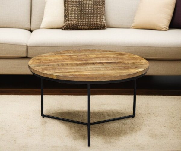 32" Natural and Black Solid Wood And Iron Round Distressed Cross Legs Coffee Table - Image 2