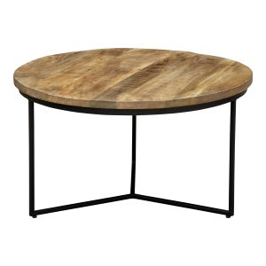 32" Natural and Black Solid Wood And Iron Round Distressed Cross Legs Coffee Table