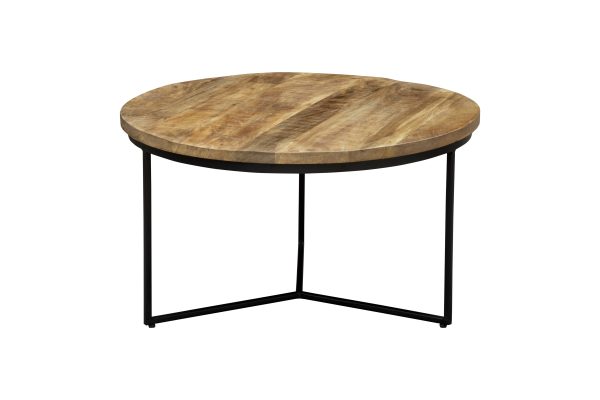 32" Natural and Black Solid Wood And Iron Round Distressed Cross Legs Coffee Table