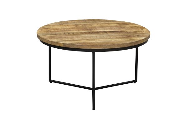 32" Natural and Black Solid Wood And Iron Round Distressed Cross Legs Coffee Table - Image 3