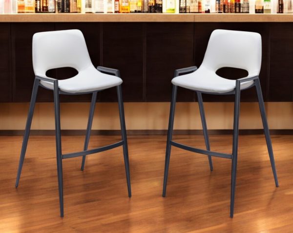 Set of Two 30" White and Black Faux Leather and Steel Low Back Bar Height Bar Chairs - Image 3