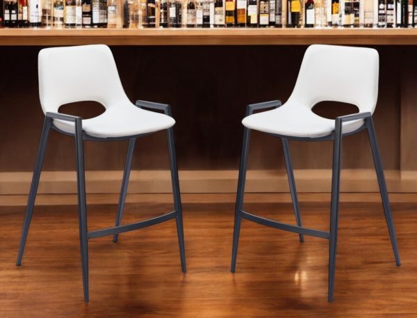 Set of Two 26" White and Black Faux Leather and Steel Low Back Counter Height Bar Chairs - Image 2
