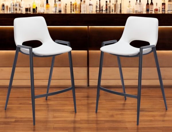 Set of Two 26" White and Black Faux Leather and Steel Low Back Counter Height Bar Chairs - Image 3
