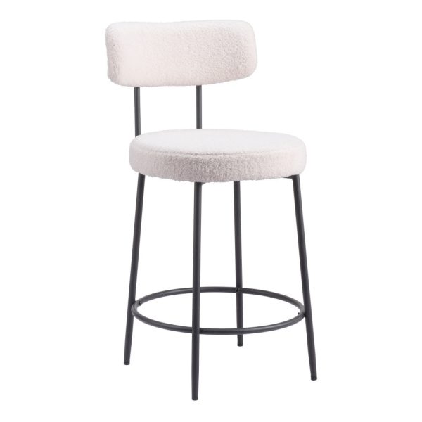 Set of Two 25" Ivory and Black Shearling and Steel Low Back Counter Height Bar Chairs - Image 3