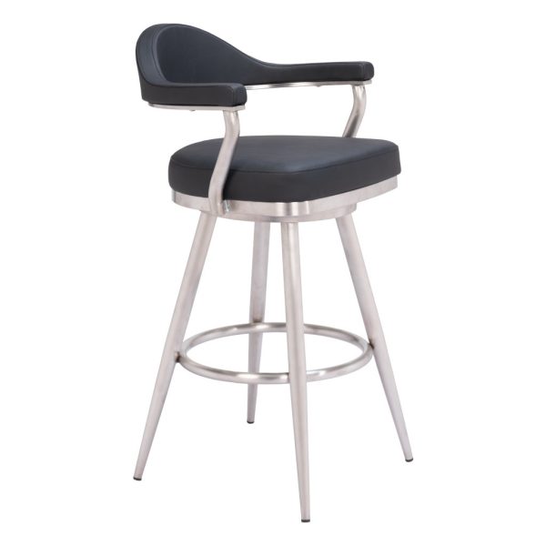30" Black And Silver Faux Leather And Stainless Steel Bar Height Swivel Bar Chair - Image 3