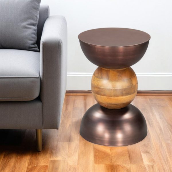 20" Bronze and Brown Iron and Solid Wood Round Pedestal End Table - Image 2