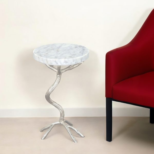 22" Silver And White Marble Round End Table - Image 2