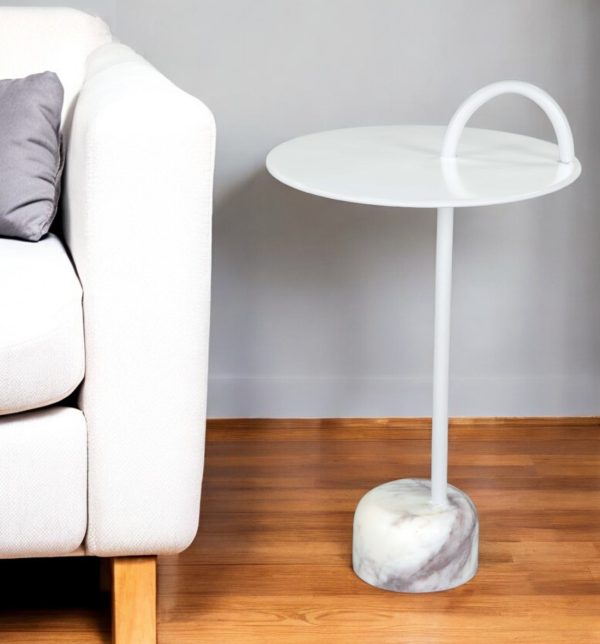 25" White Iron And Marble Round Pedestal End Table - Image 2
