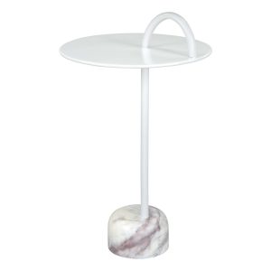 25" White Iron And Marble Round Pedestal End Table